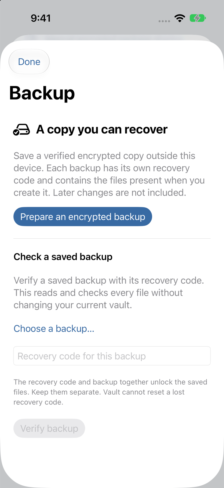 Vault Backup controls on iPhone
