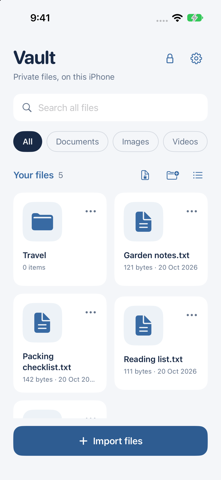 iPhone Vault grid view with Travel folder and sample files