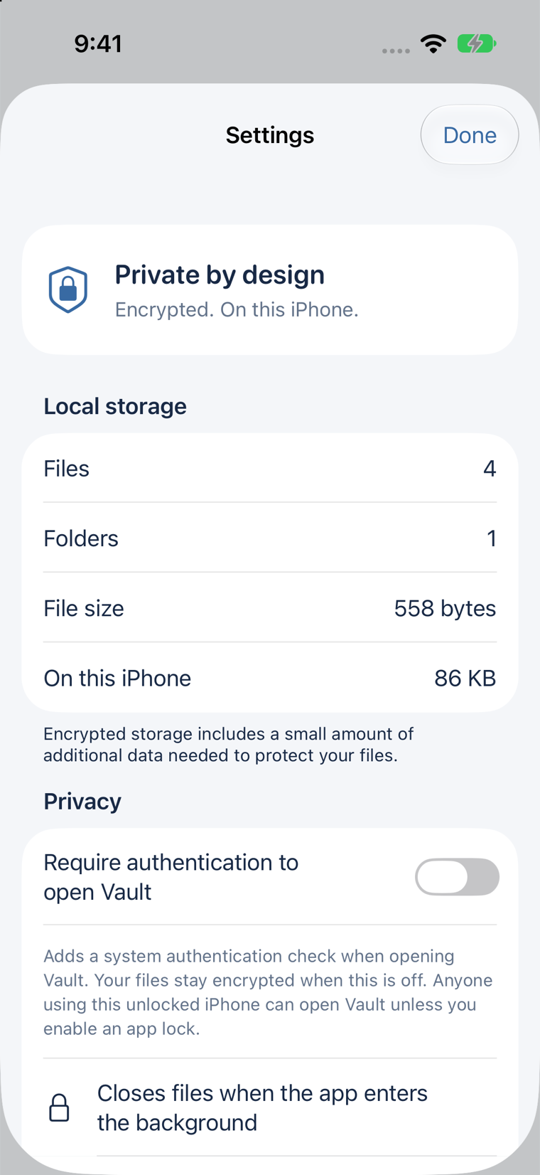 Vault Settings on iPhone