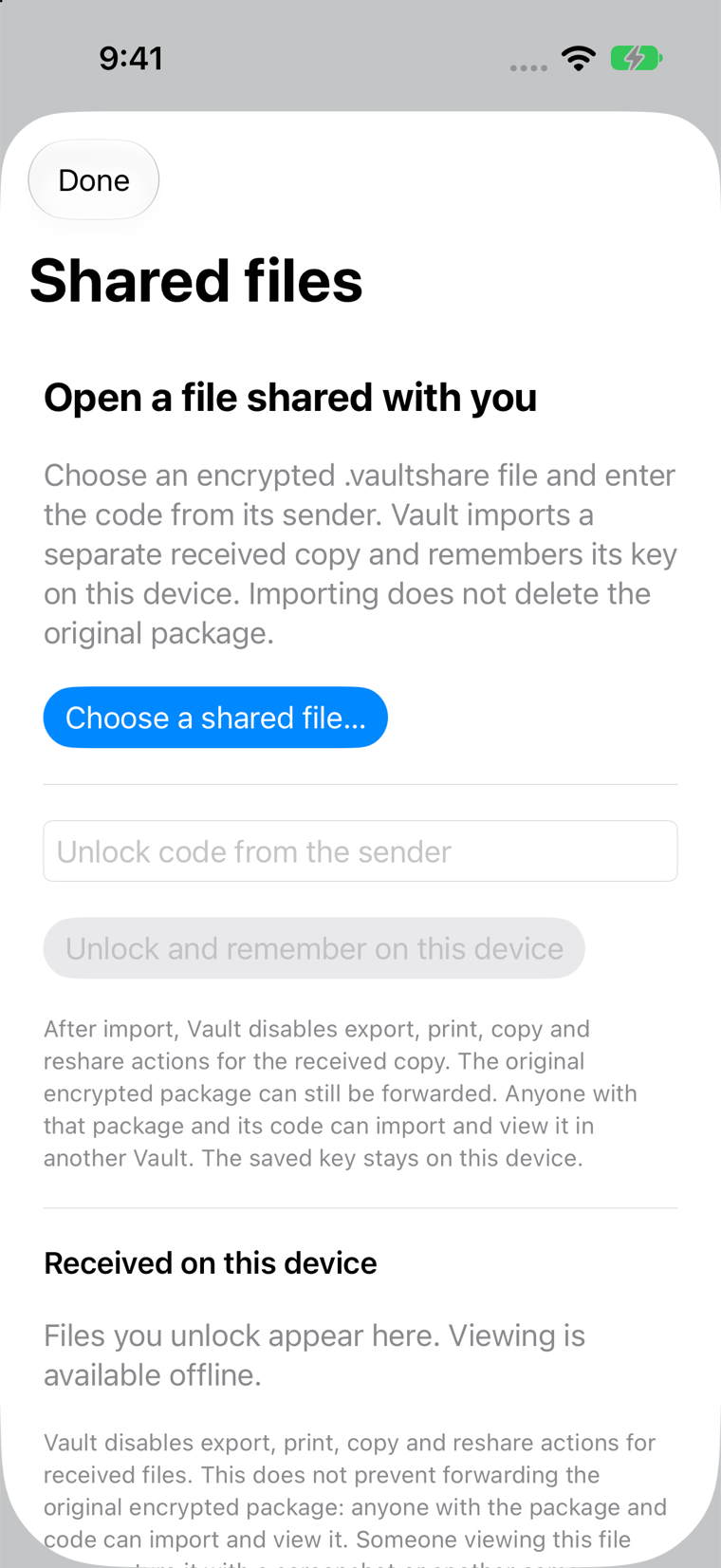 iPhone Shared files screen with package picker and unlock-code field
