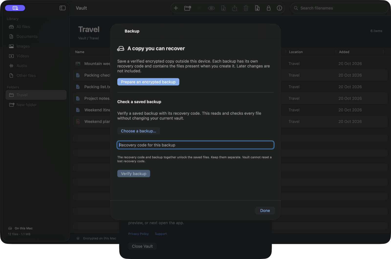 Mac Encrypted backup sheet with preparation and verification controls