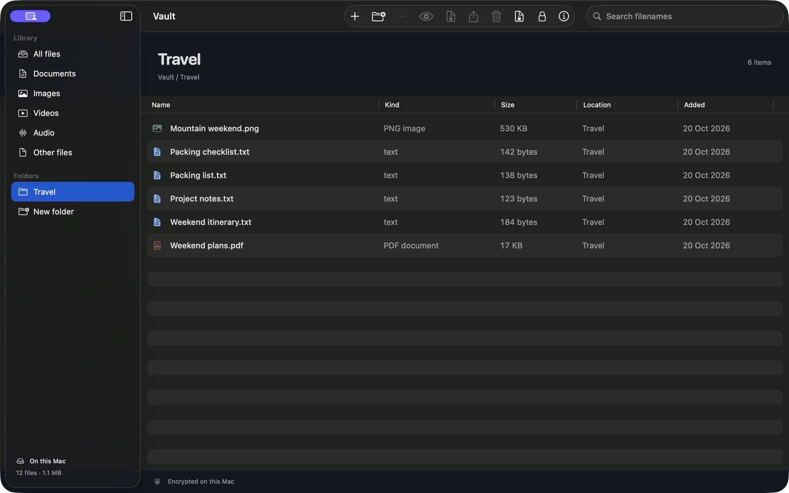 Mac Vault app open to the Travel folder with sample files