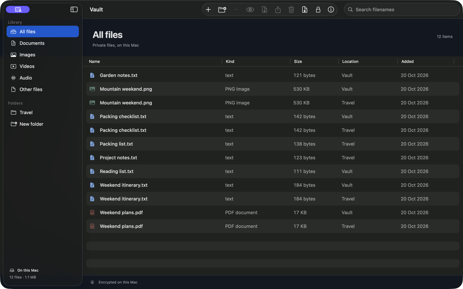 Mac Vault library with sidebar, filename search and sample files
