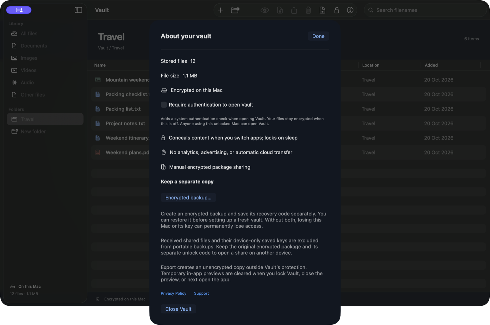 Mac About your vault window showing optional authentication and backup controls