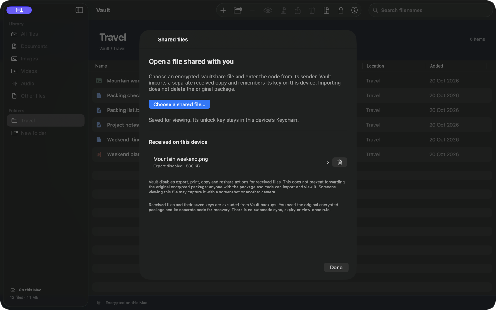 Mac Shared files sheet with a received sample item